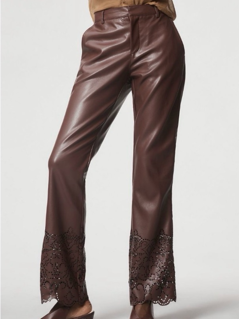 Anthropologie Chocolate Brown Faux Leather Wide-Leg Pants with Laser-Cut Hem